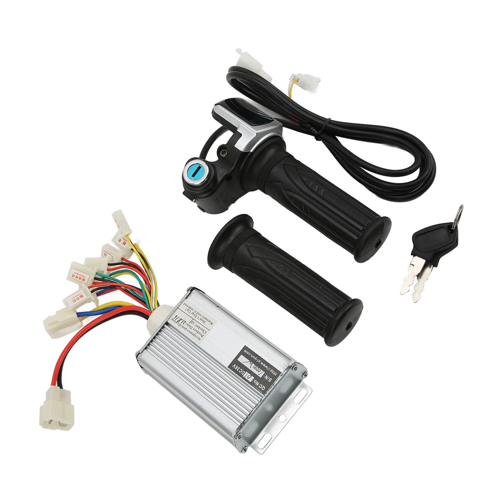 Generic packaged items laid out, displays included throttles, keys, and controller