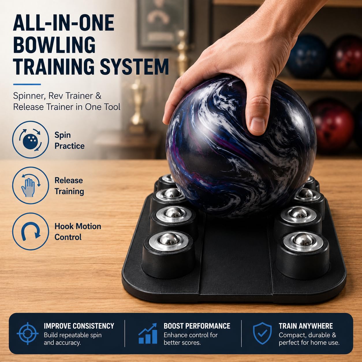 Generic size scale with bowling ball and trainer to show compact footprint and portability benefit
