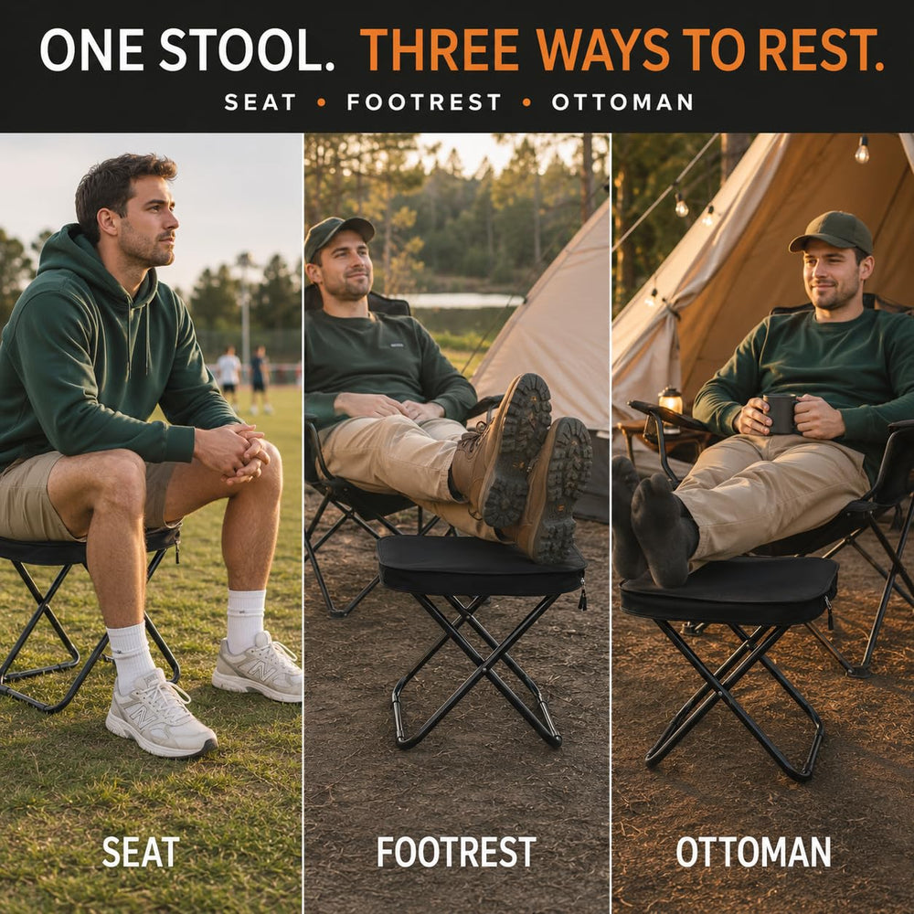 Generic stool used as footrest beside camping chair for versatility