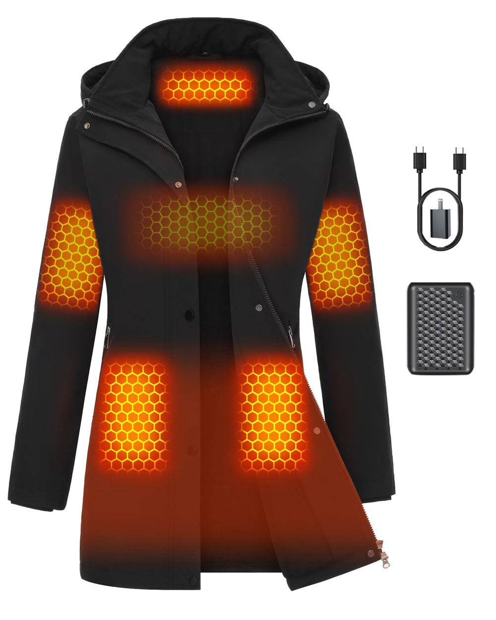 Genovega front view of long heated jacket showing streamlined warmth and style