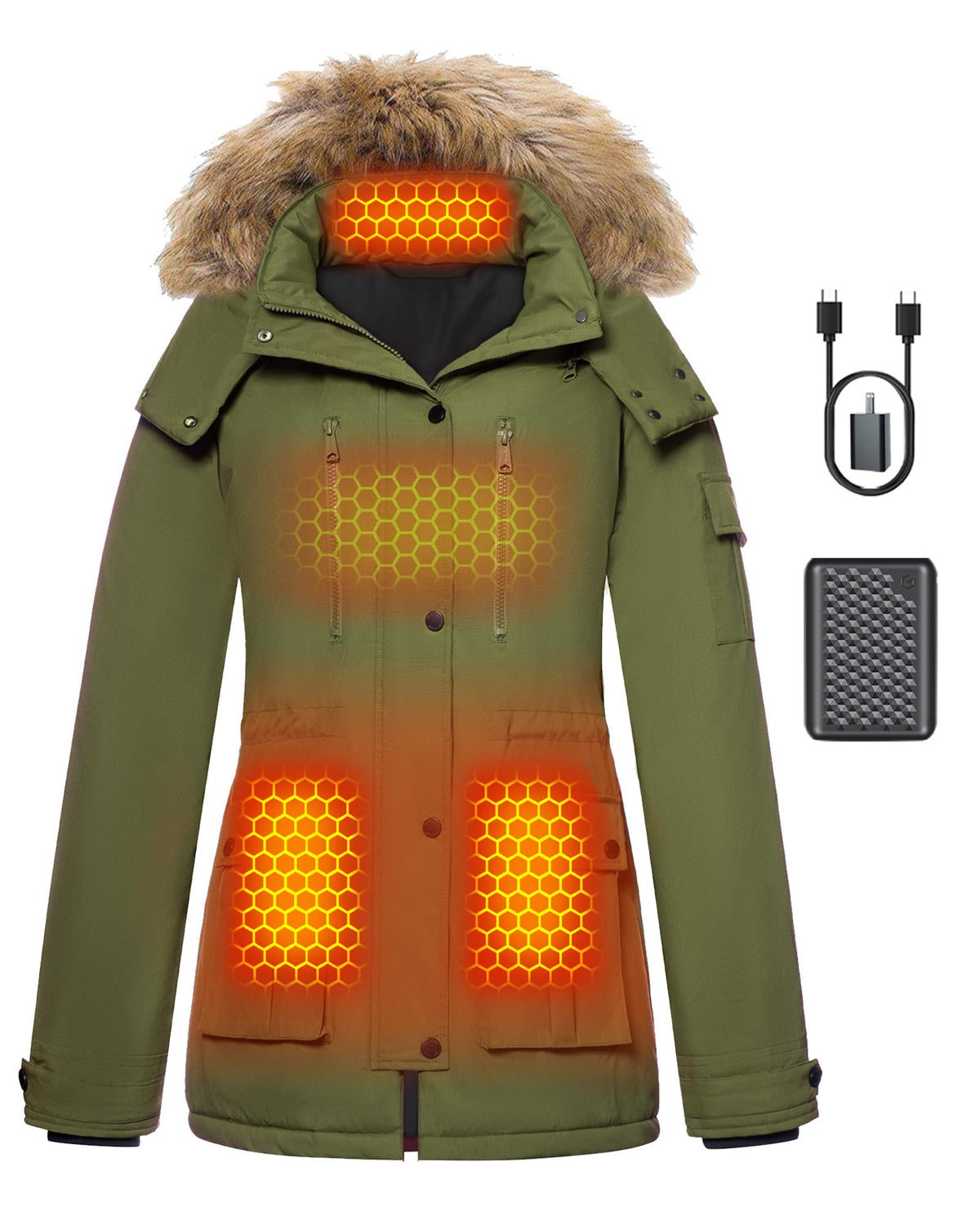 Genovega front view puffer jacket showing tailored fit and warmth benefit