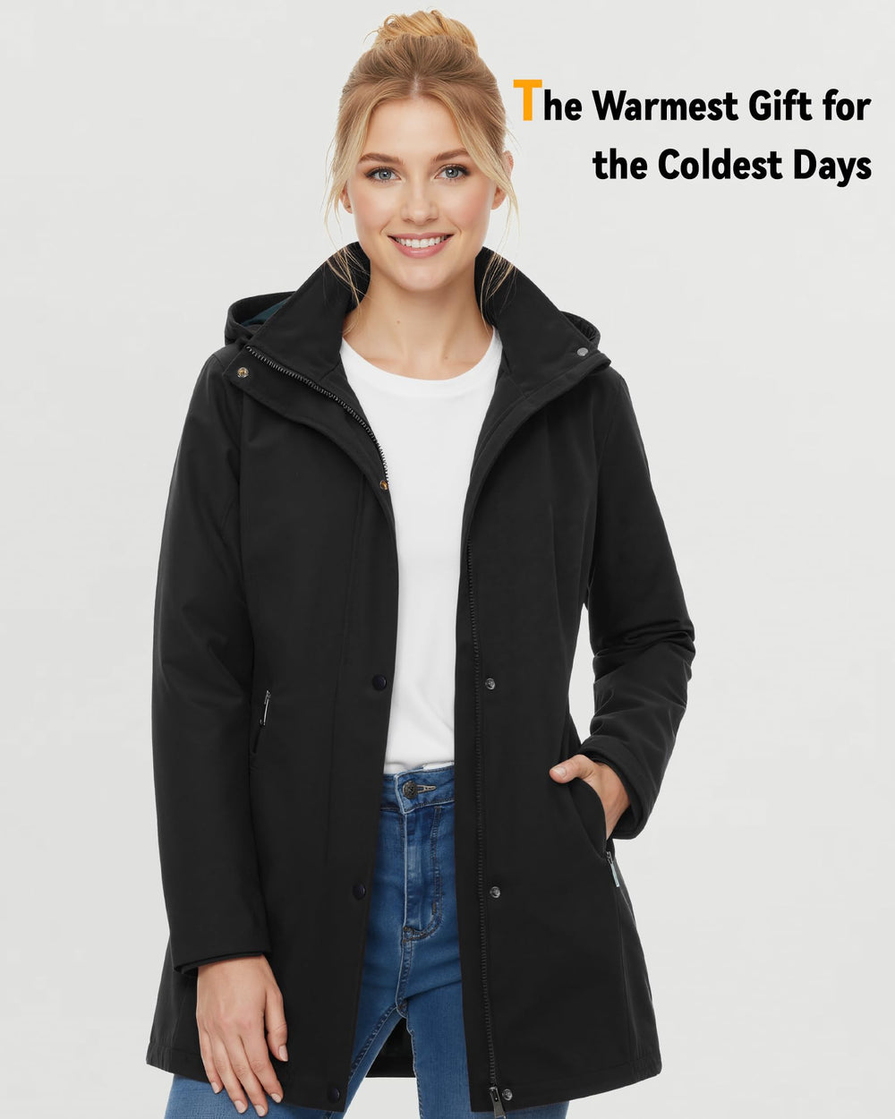 Genovega model wearing jacket outdoors illustrating warmth during cold activities