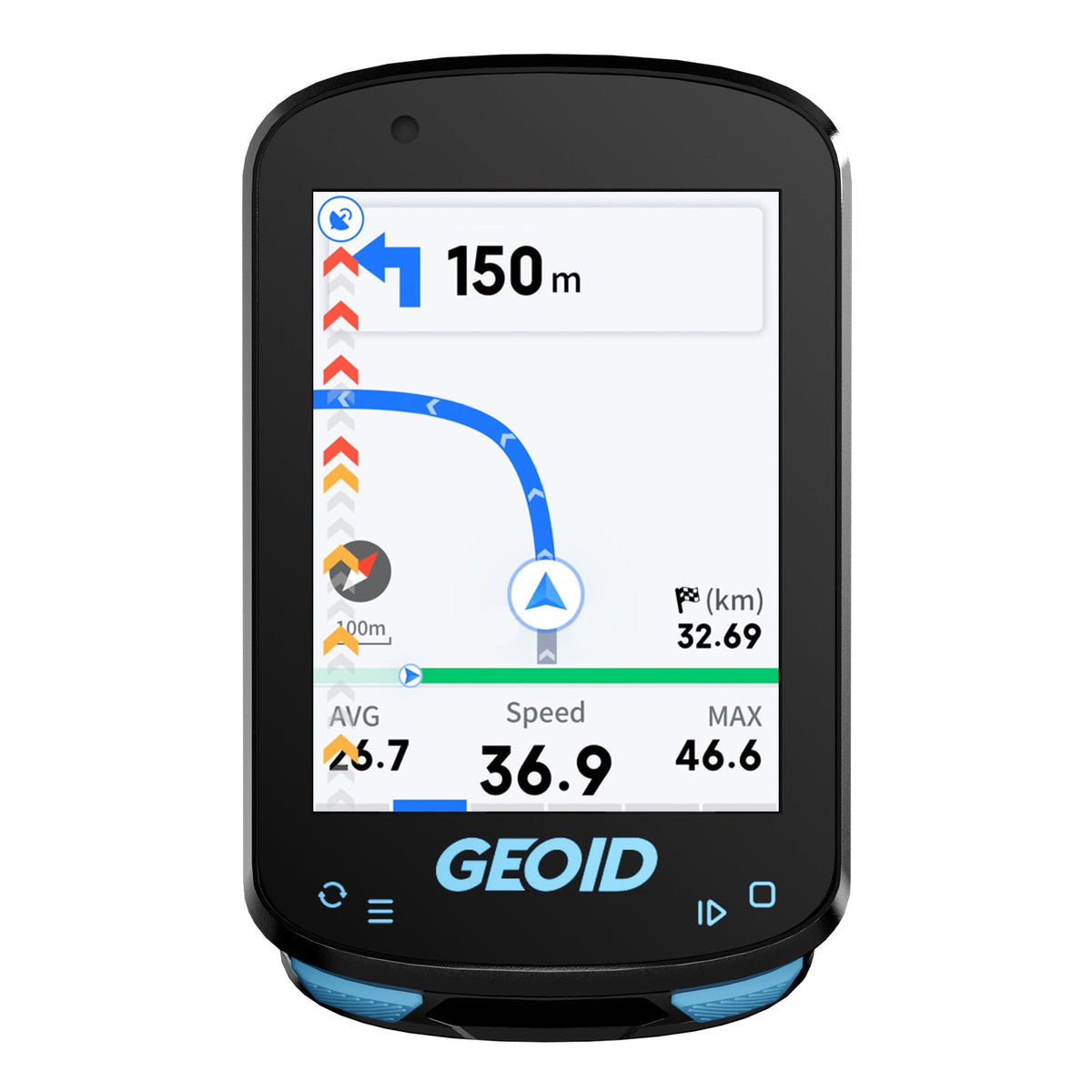 GEOID CC600 front display showing colorful ride metrics and clear visibility