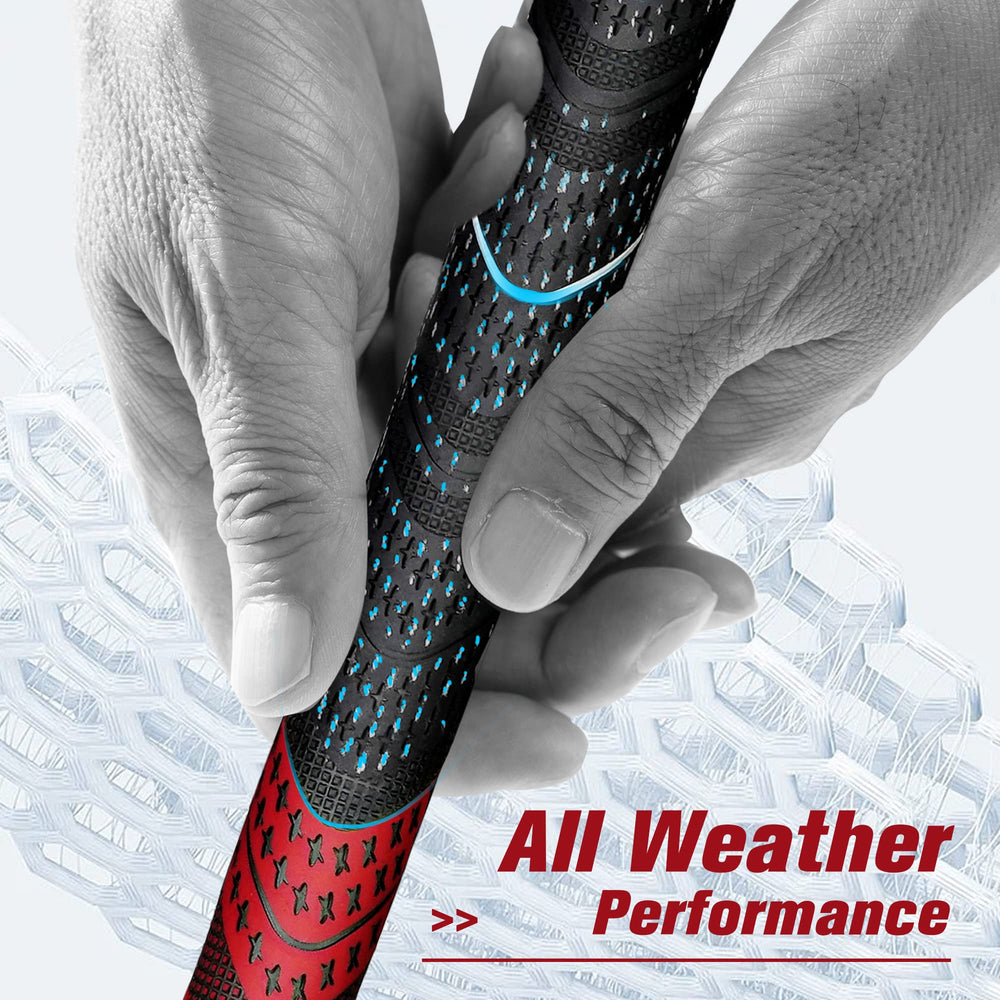 Golfer using Geoleap grip mid-swing demonstrating secure hold and all-weather control