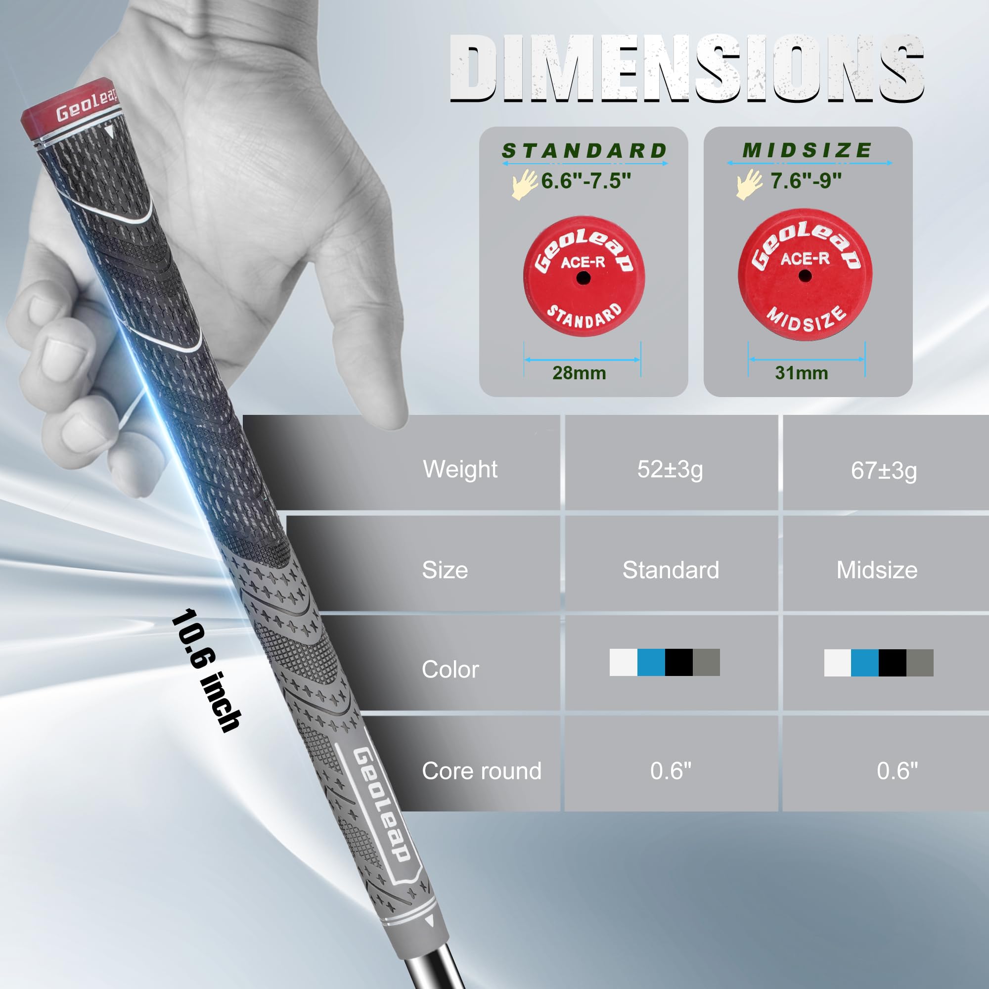 Geoleap standard versus midsize grips side-by-side showing length and weight difference