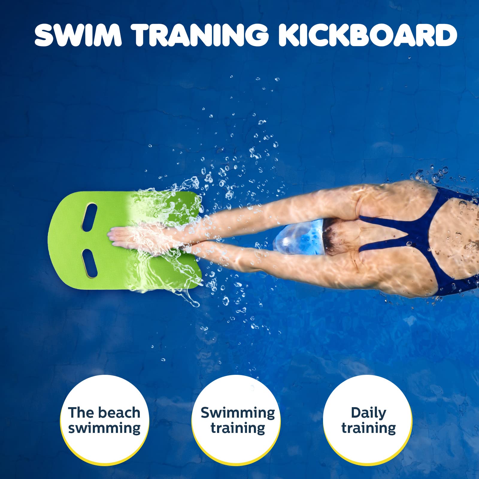 Geosar swimmer using kickboard in pool demonstrating focused kicking benefit