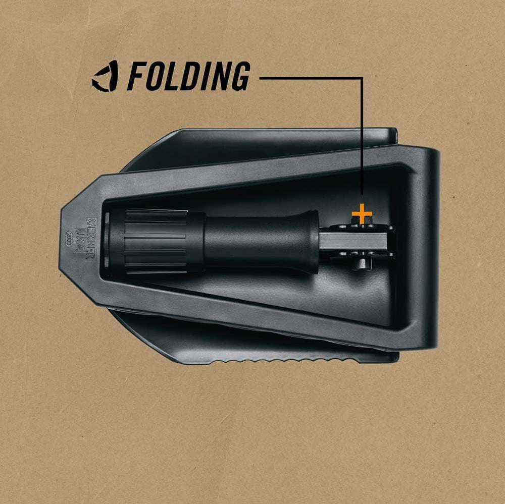 Gerber compact folded E-Tool stowed in backpack pocket for easy portability benefit