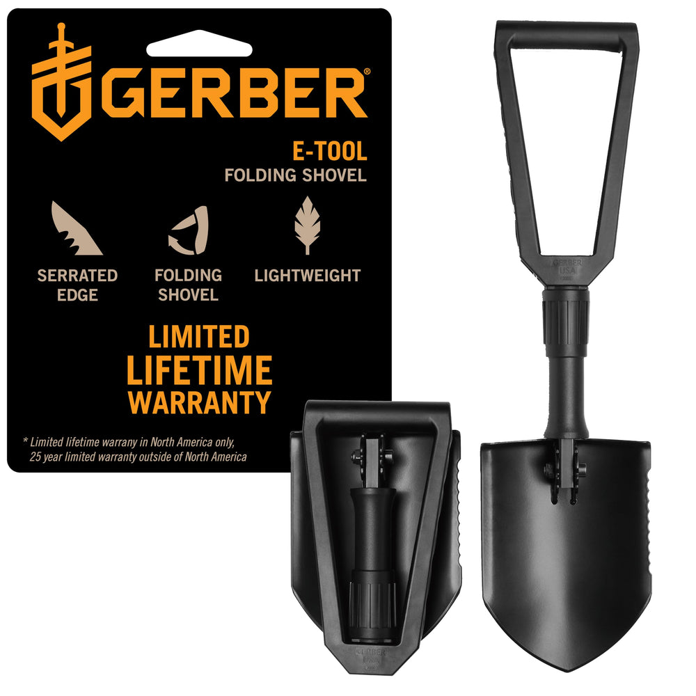 Gerber front view of folding spade showing full blade and shaft, durable construction benefit