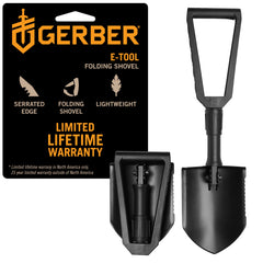 Gerber front view of folding spade showing full blade and shaft, durable construction benefit