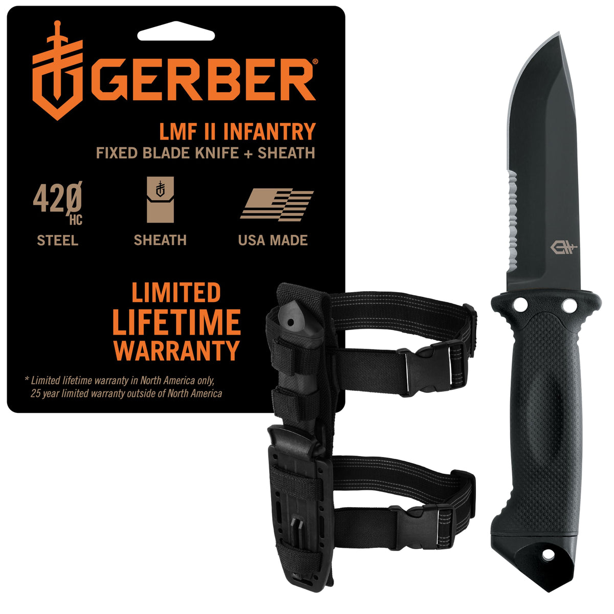 Gerber LMF II front view showing full blade and sheath, ready for duty