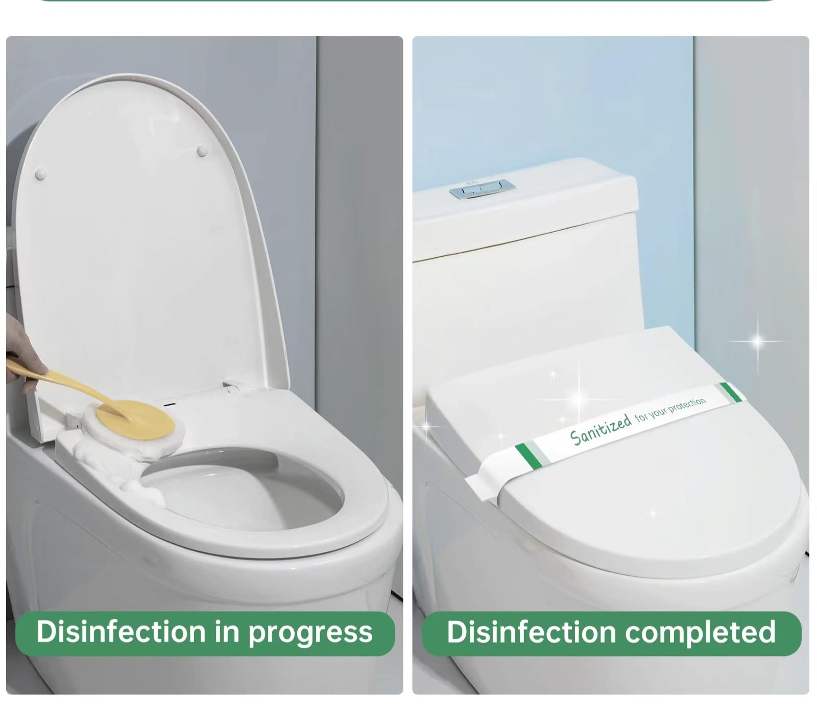 Germiwipe band fitted on toilet seat showing visible sanitized indicator benefit