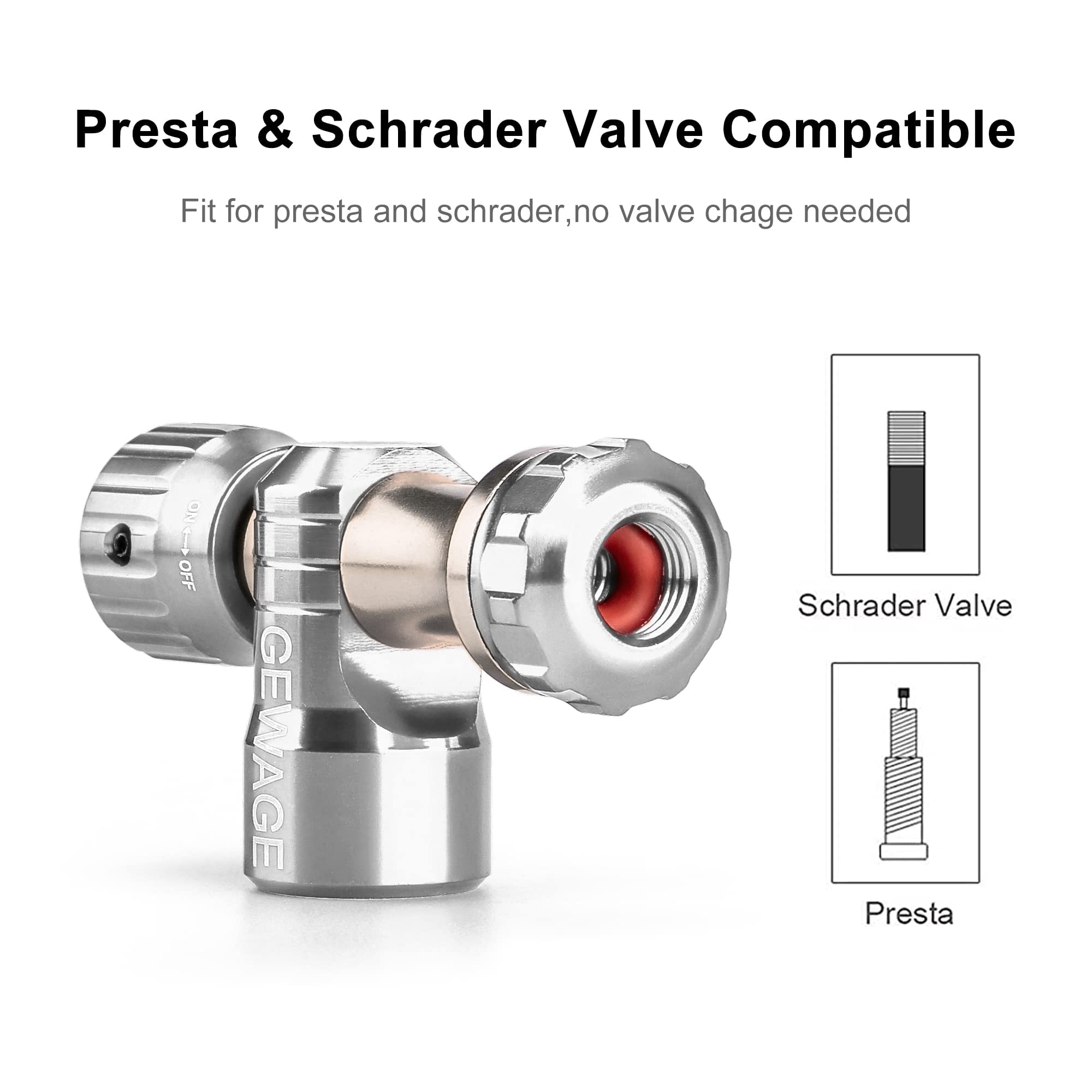 GEWAGE inflator head fitted on Presta and Schrader valve for universal compatibility