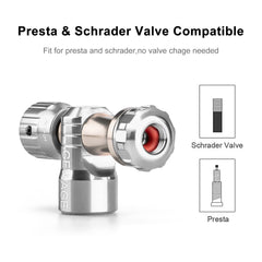 GEWAGE inflator head fitted on Presta and Schrader valve for universal compatibility