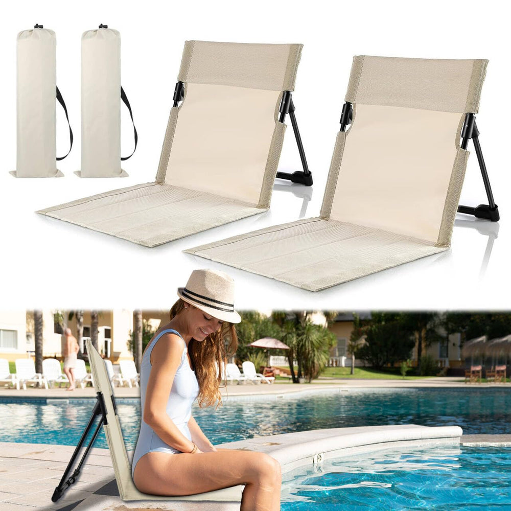 GFYYBKJ front view of two foldable poolside chairs showing portability and neutral design