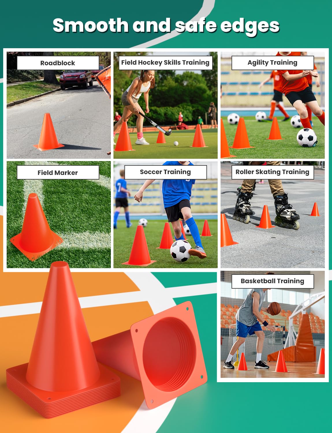 GHB cones placed on grass illustrating bright visibility during practice