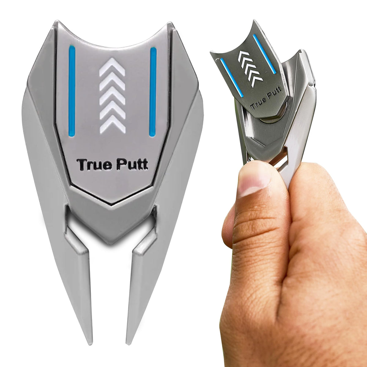 Ghost Golf front view of silver divot tool showing compact design and durability benefit