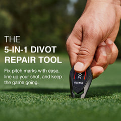 Ghost Golf magnetic ball marker attached to tool for secure alignment aid