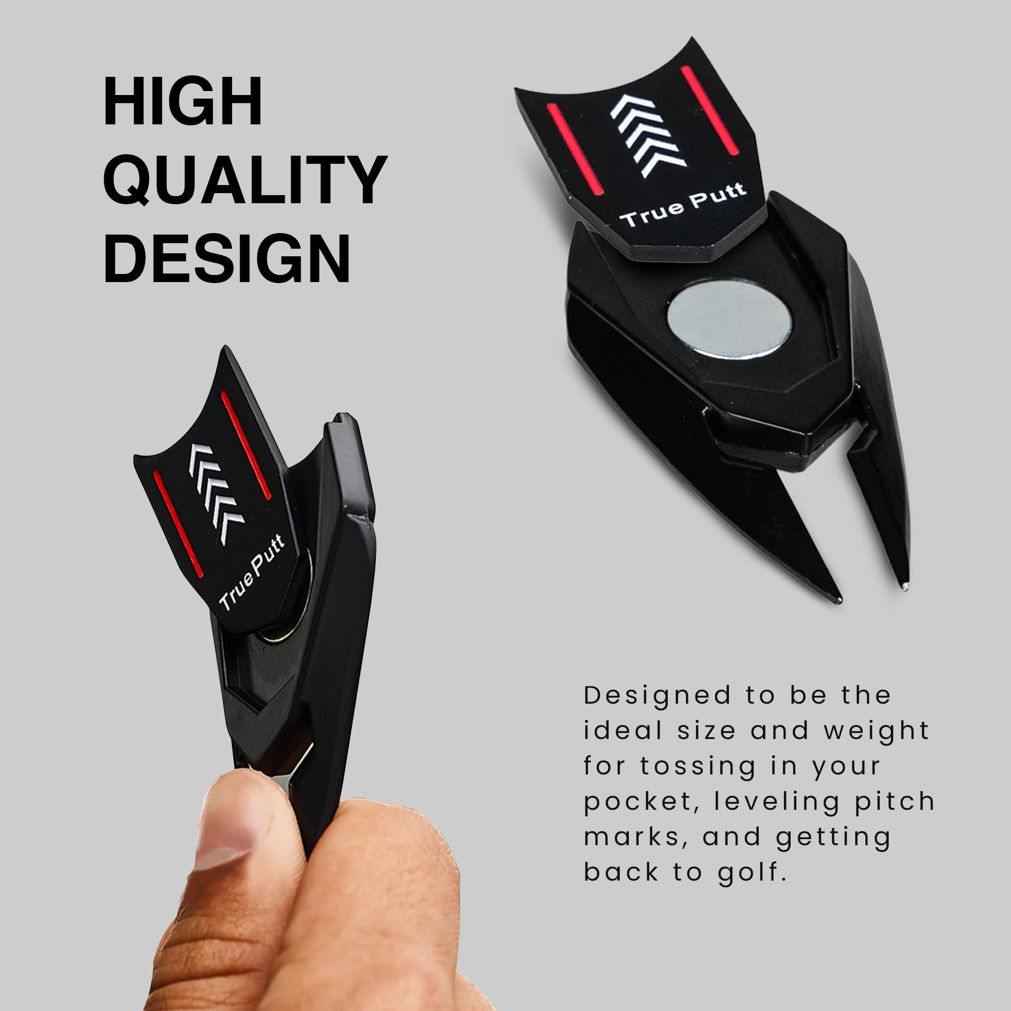 Ghost Golf tool next to golf ball showing compact scale and portability