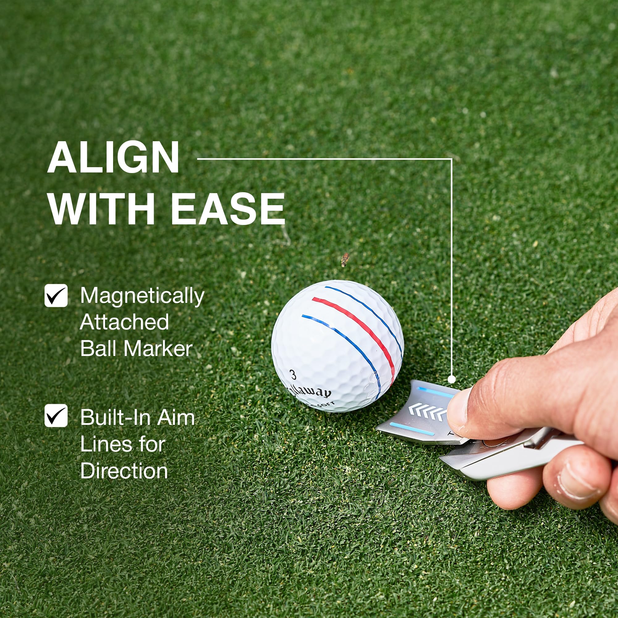 Ghost Golf magnetic ball marker aligned on tool showing clear aim lines for better putting