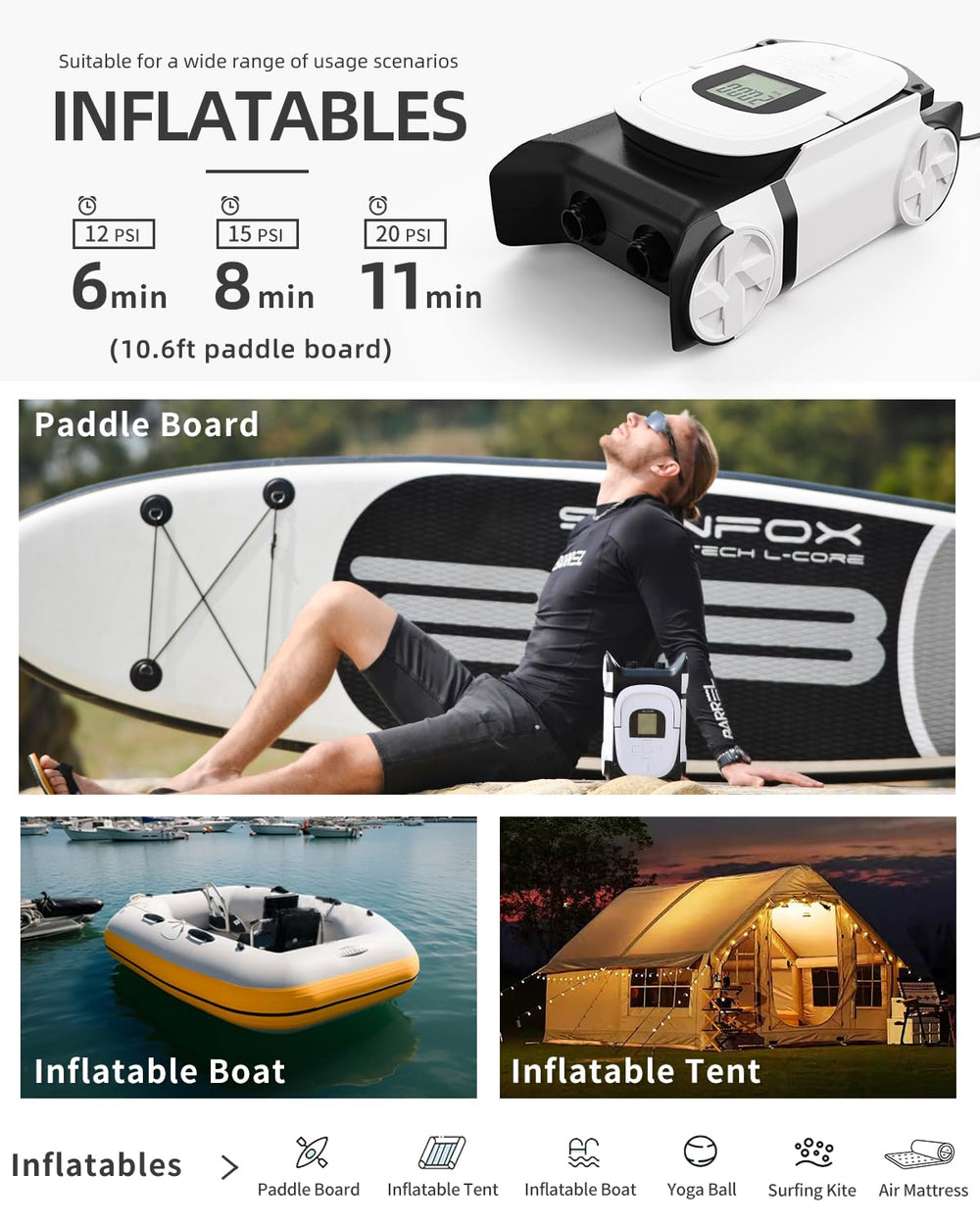 Gicle pump inflating a SUP on the beach for fast on-water setup
