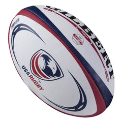 Gilbert Omega match ball front view showing USA Rugby branding and match-ready design benefit