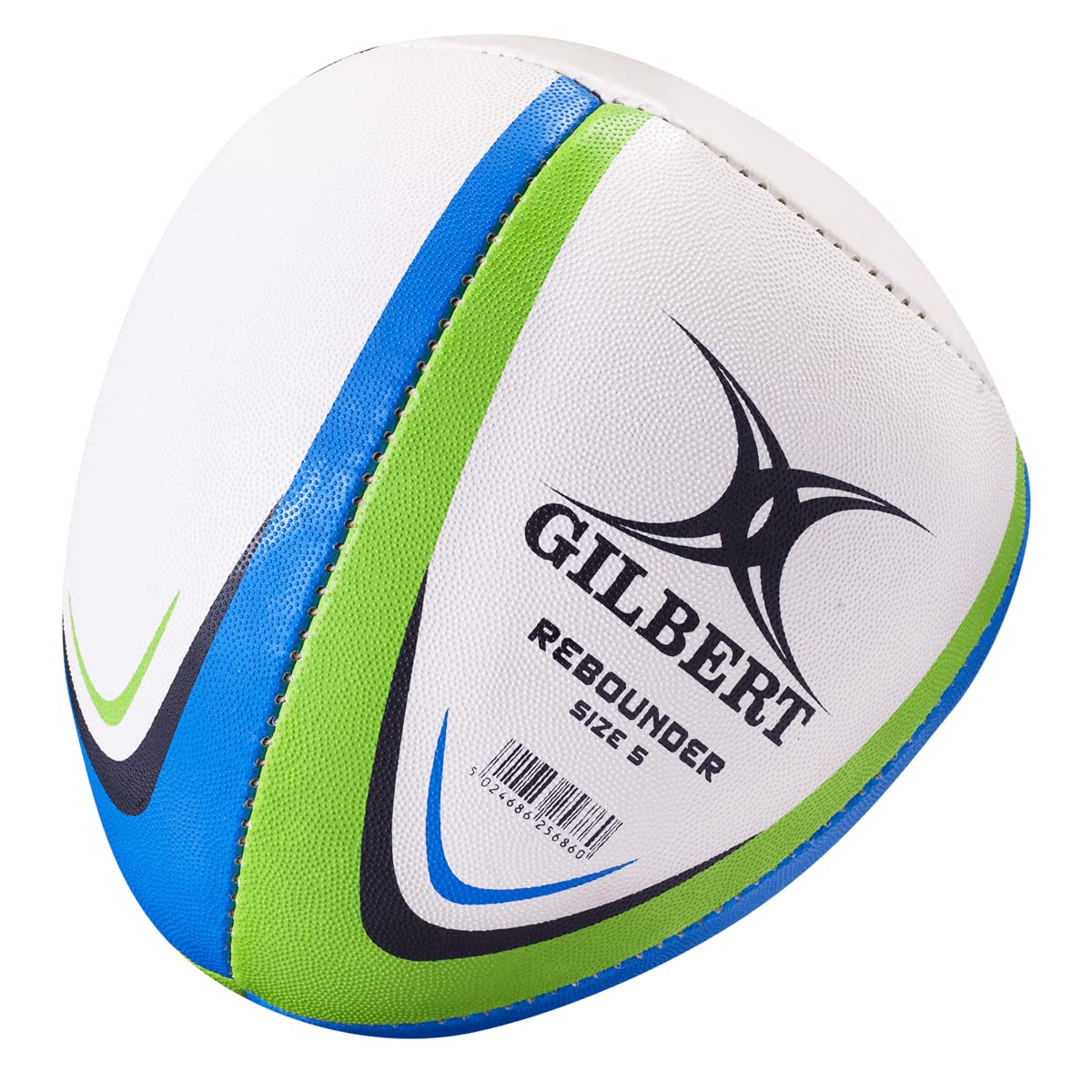 Gilbert rebounder match trainer rugby ball front view showing durable rubber surface and realistic shape