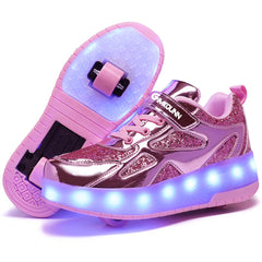 GIMKOUNN front profile pink shoe showing glittery upper and LED benefit visibility