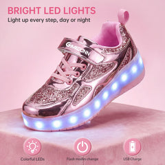 GIMKOUNN LED lights activated on shoe showcasing colorful modes for nighttime fun