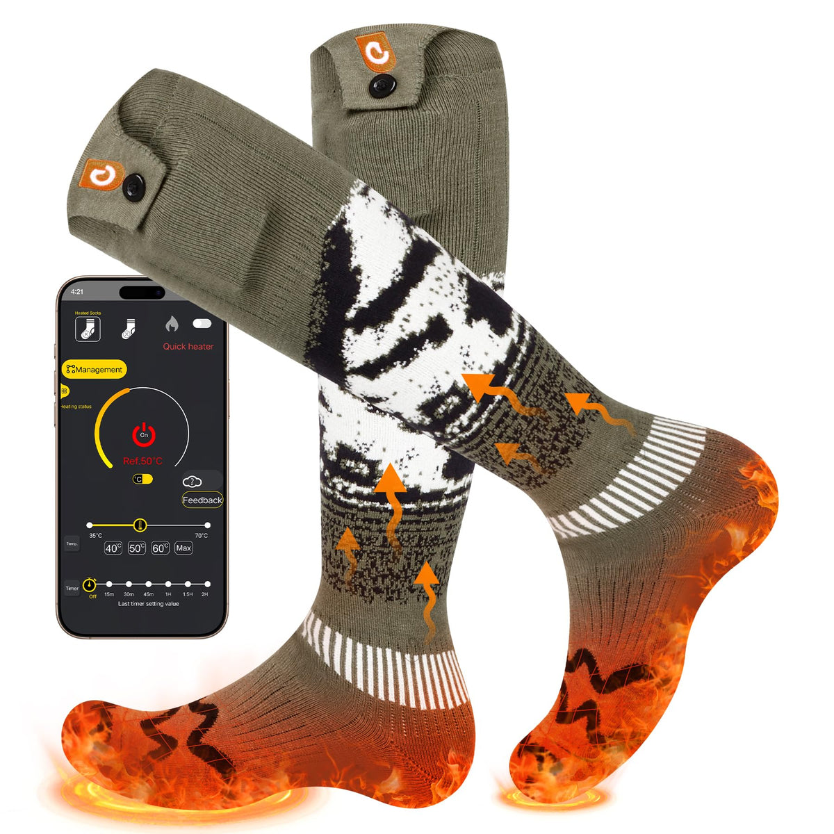 GIOIGOO heated socks front view showing full sock design and heating zones benefit warmth