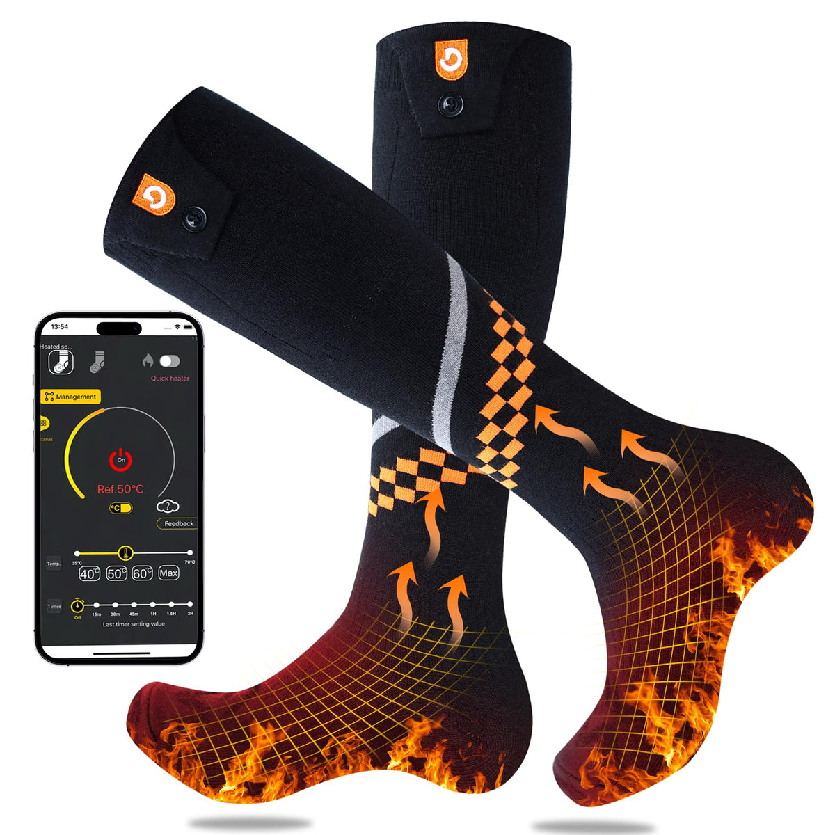 GIOIGOO heated socks front view showing design and fit, delivering comfortable warmth