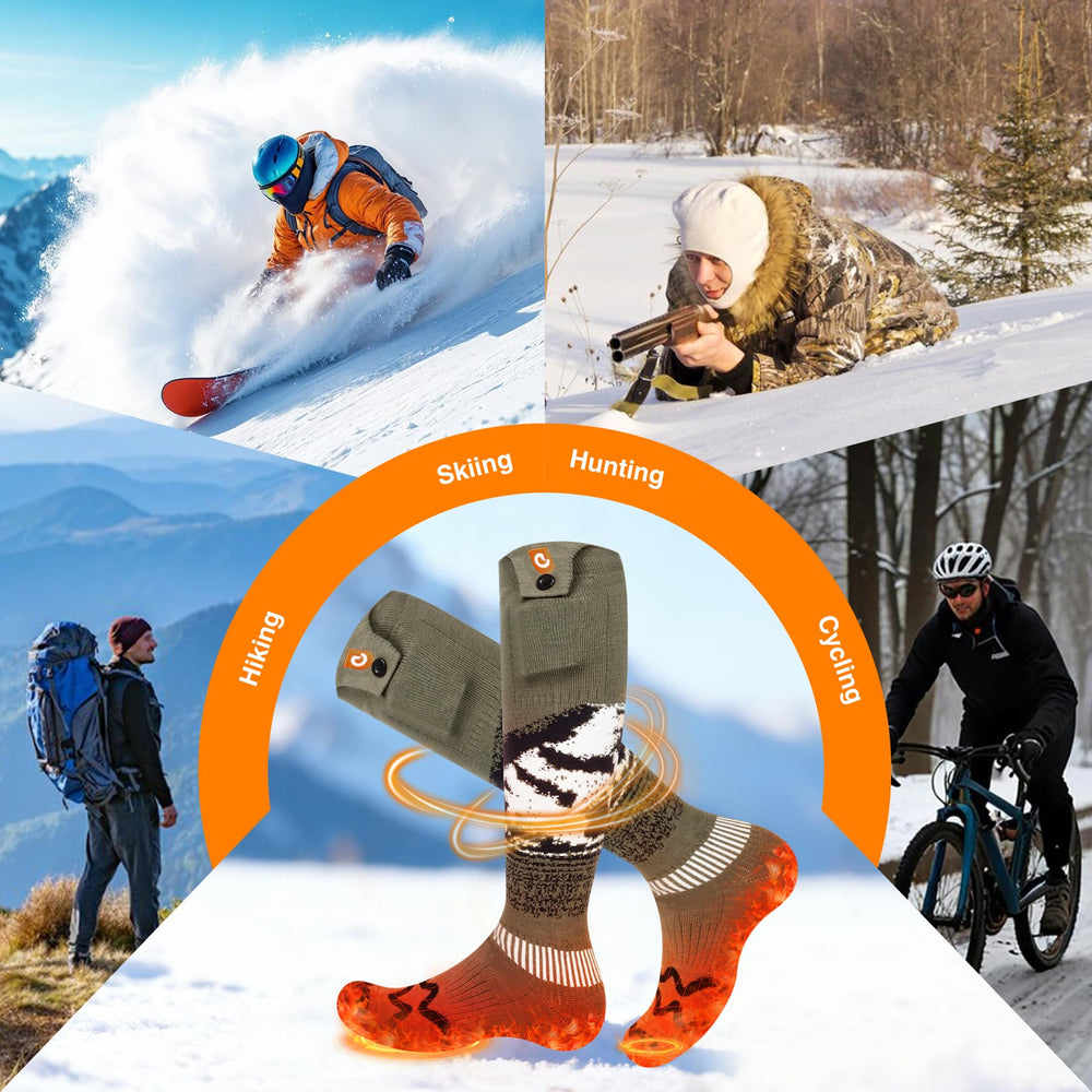 GIOIGOO heated socks worn during skiing showing on‑slope comfort and reliable warmth