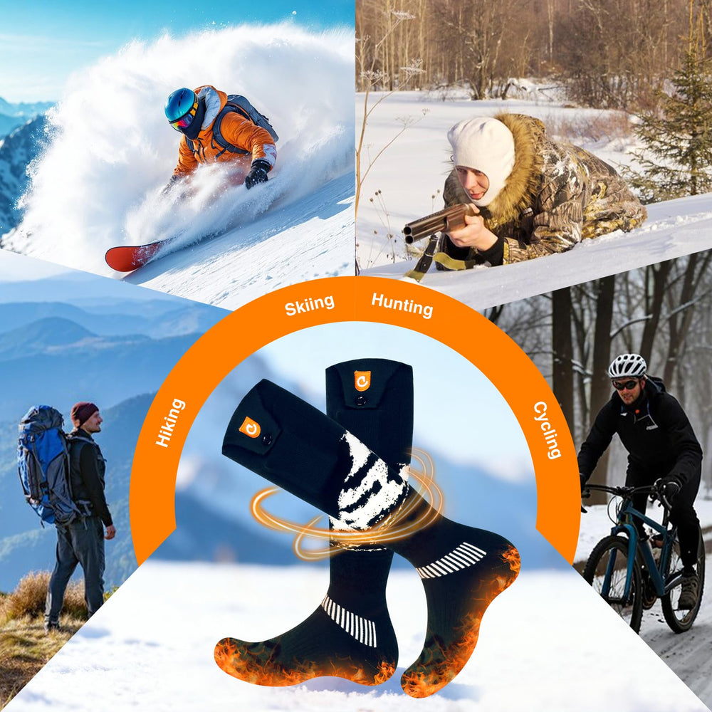 GIOIGOO socks in a winter camping scene showing all-day comfort benefit