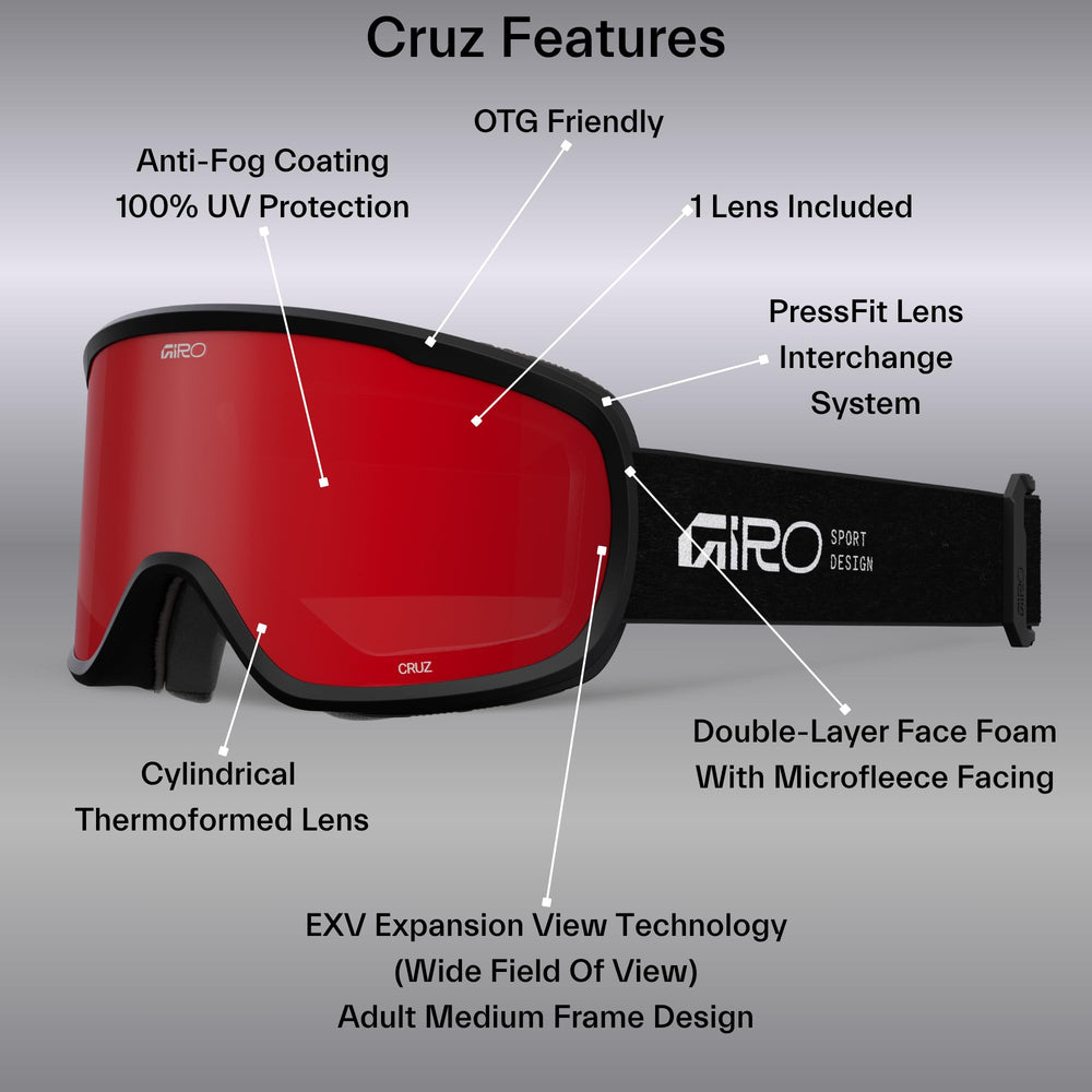 Skier wearing Giro Cruz OTG goggles demonstrating secure fit and improved sight