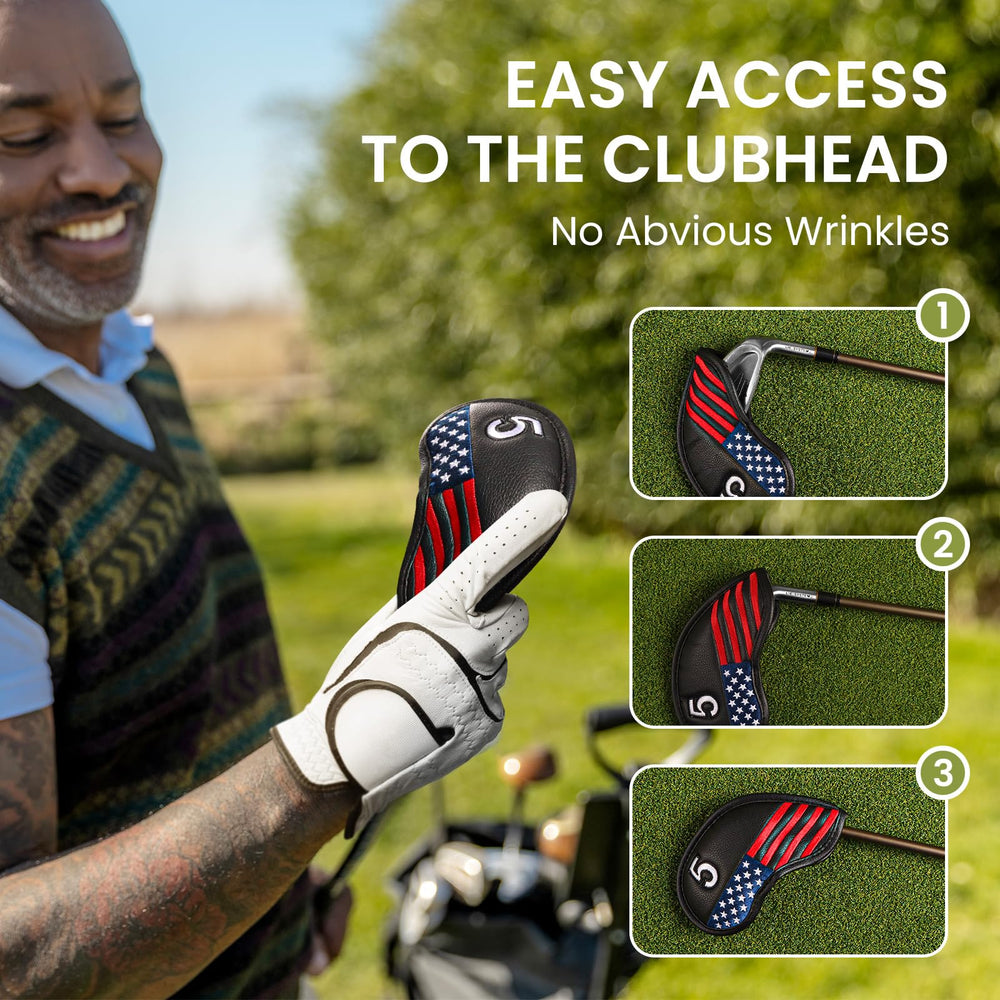 GKandi covers installed in golf bag demonstrating organized, protected irons on course