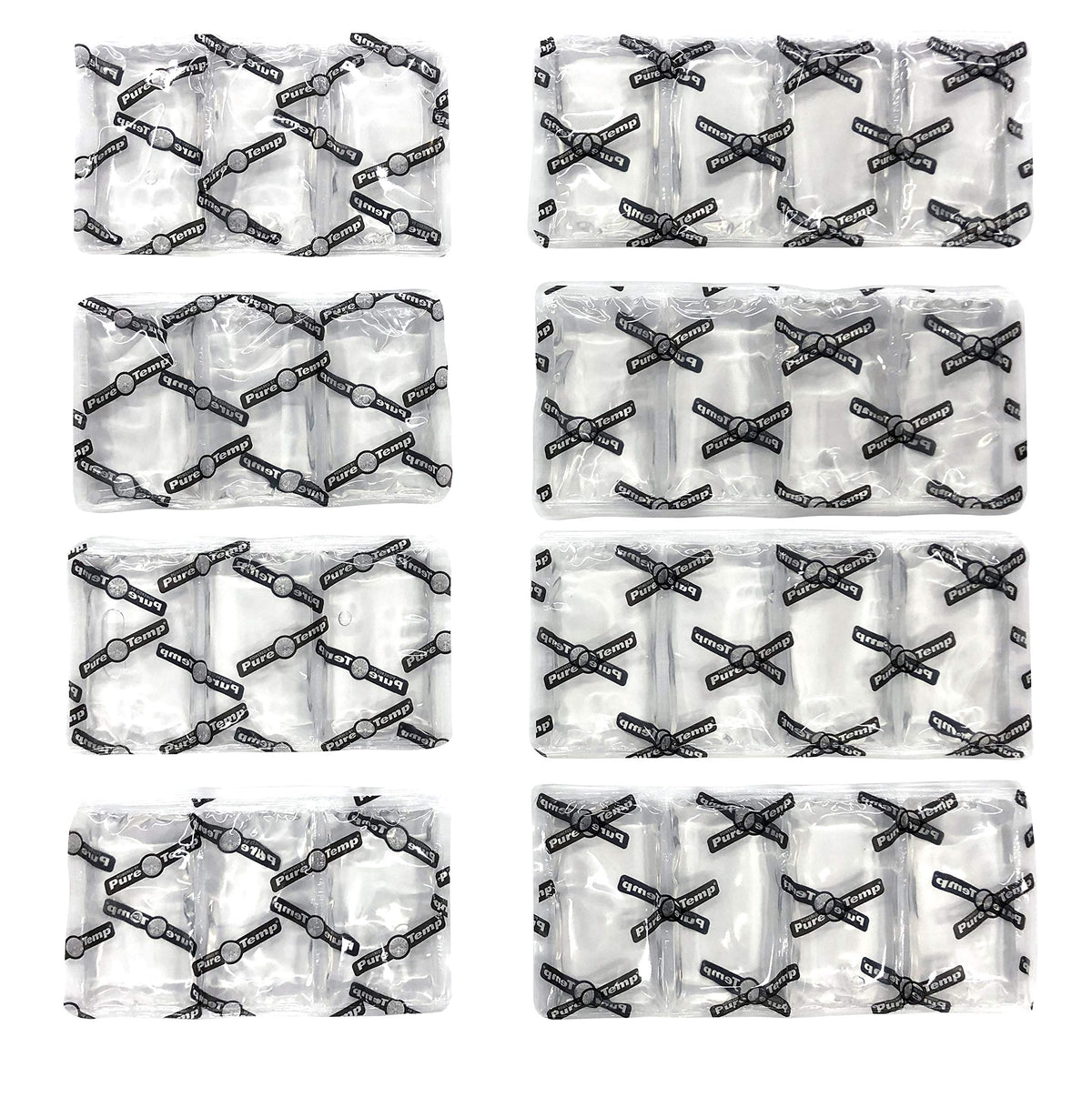 Glacier Tek front view of eight spare cooling packs showing assortment and fit benefits