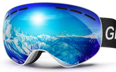 GlaRid front view blue goggles showing wide unobstructed slope vision
