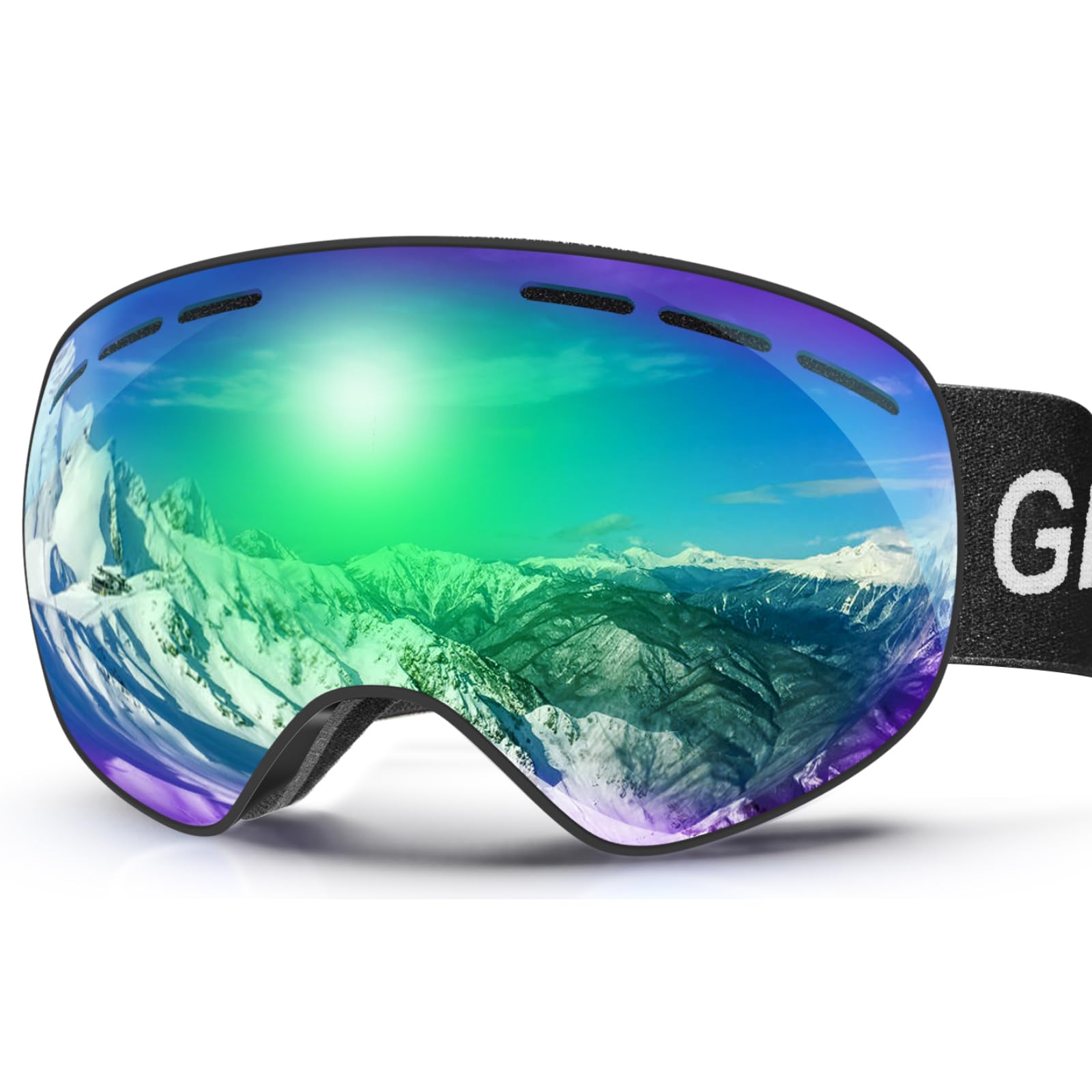 GlaRid front view green goggles showing wide clear vision benefit