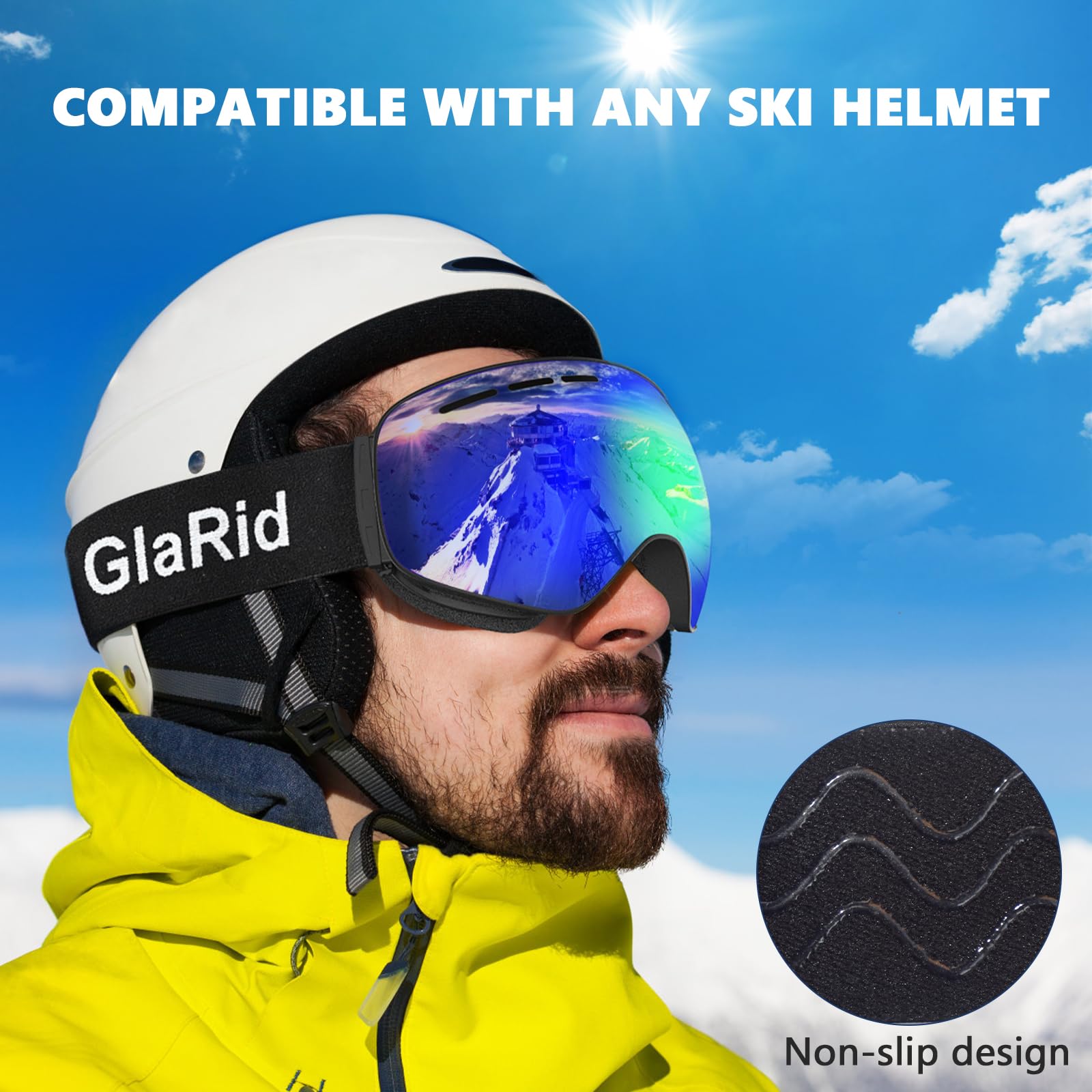 GlaRid goggles on skier in slope setting emphasizing clear vision at speed