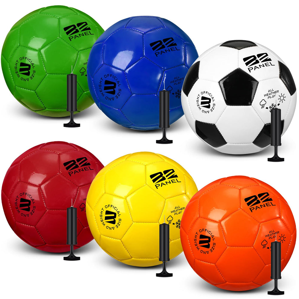 Glimin front view of six bright size 3 soccer balls ready for gifting and play