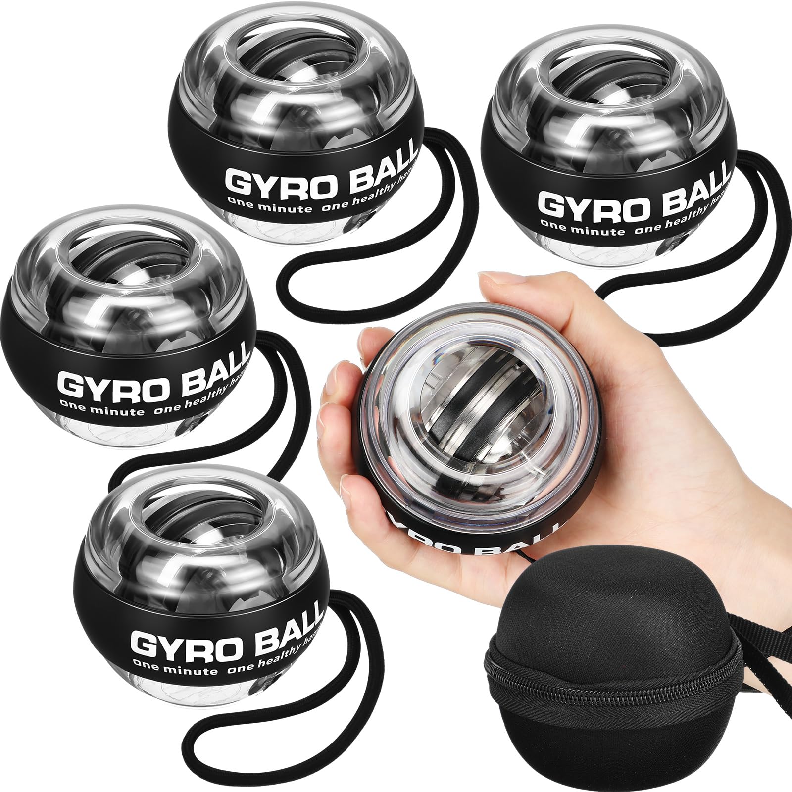 Glimin front view packaging showing four black gyro balls and pouches for easy storage