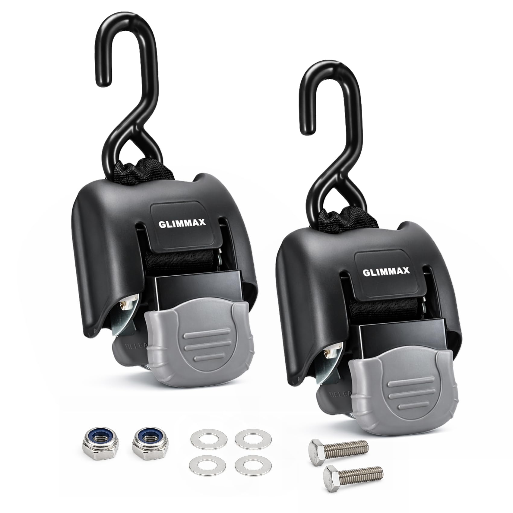 GlimmaX front view of two-pack retractable straps showing compact housing and labels, reliable storage
