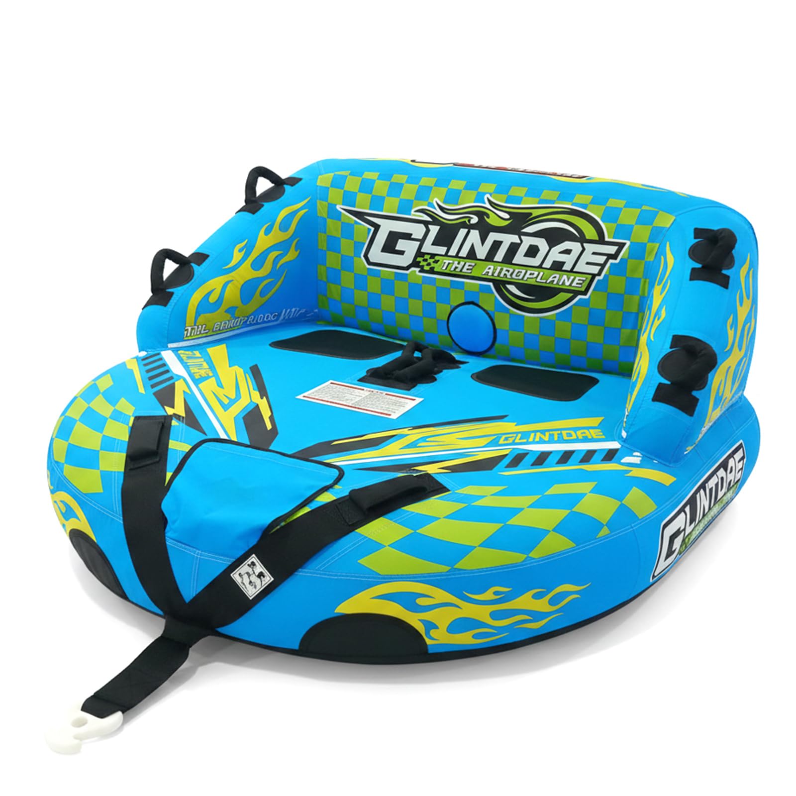 Glintade front view showing full sofa-style tube and bright graphics, durable ride