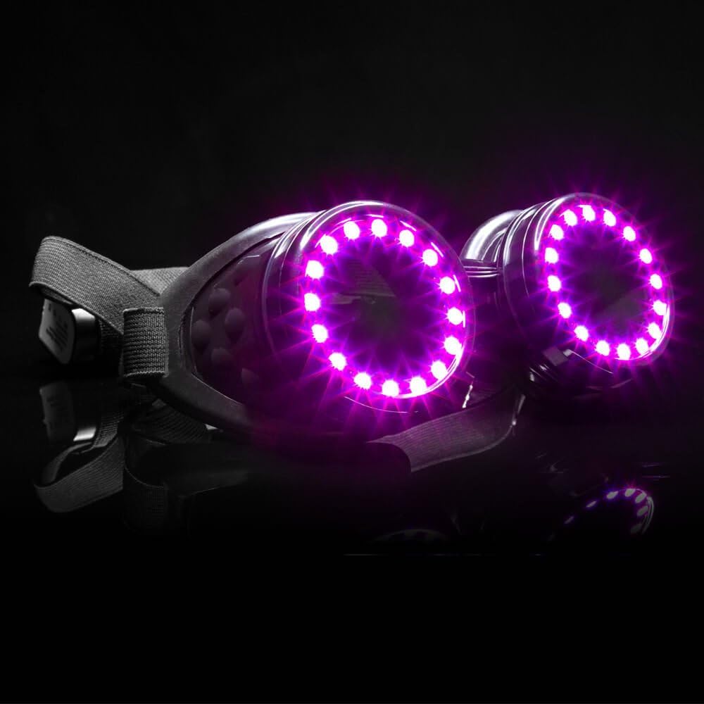 GloFX goggles lit in a dark room displaying animated LED sequences and brightness