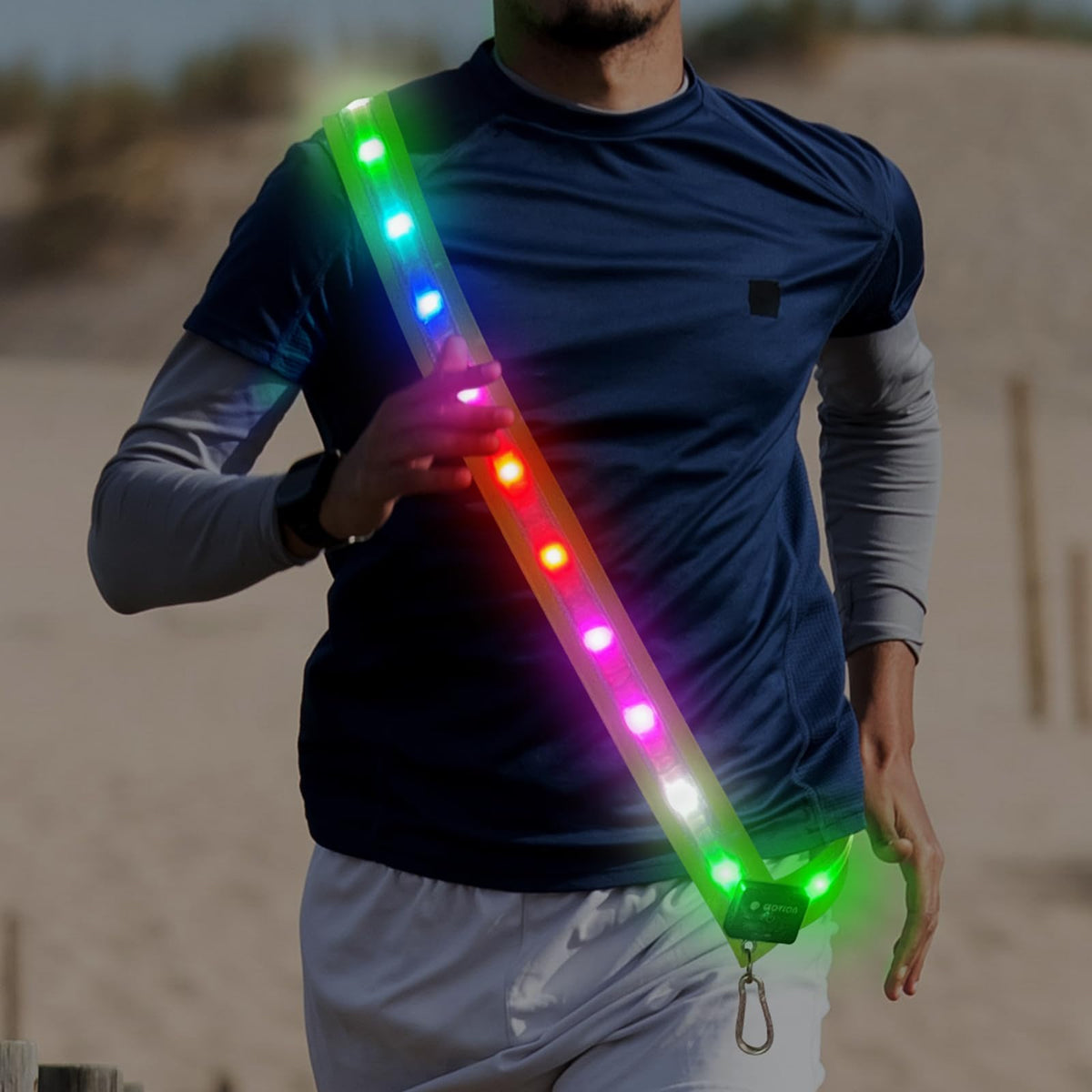Glovion front view of sash showing bright LEDs and reflective strip for improved safety