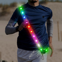 Glovion front view of sash showing bright LEDs and reflective strip for improved safety