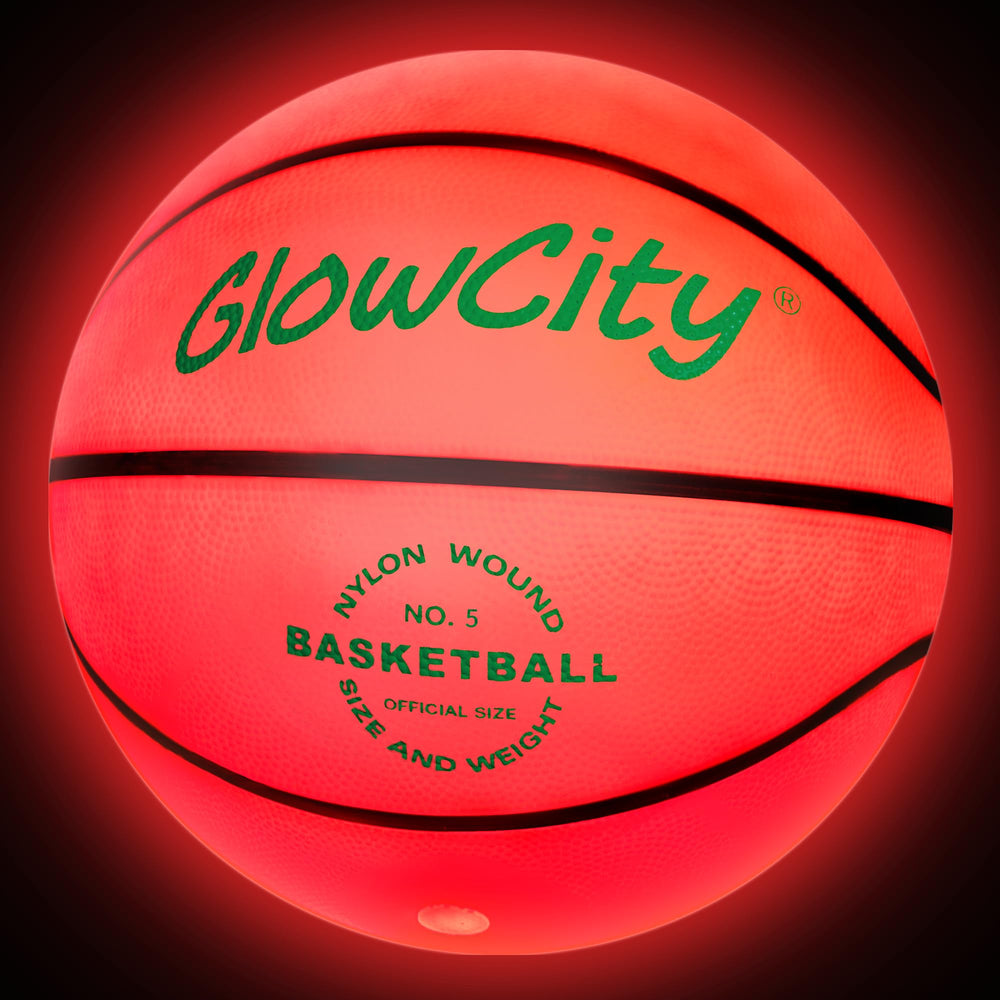 GlowCity front view of red light-up basketball showing even texture and brand benefit