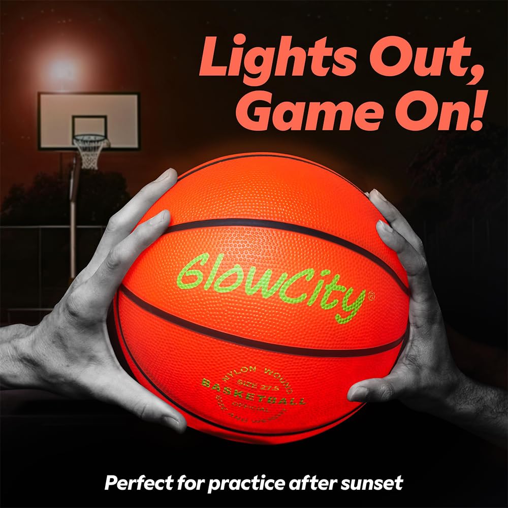 GlowCity kids playing with illuminated basketball at night for safe outdoor fun