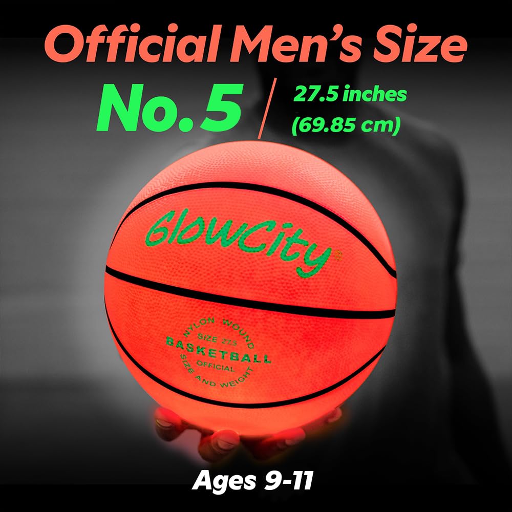 GlowCity size 5 basketball next to standard ball showing correct youth dimensions
