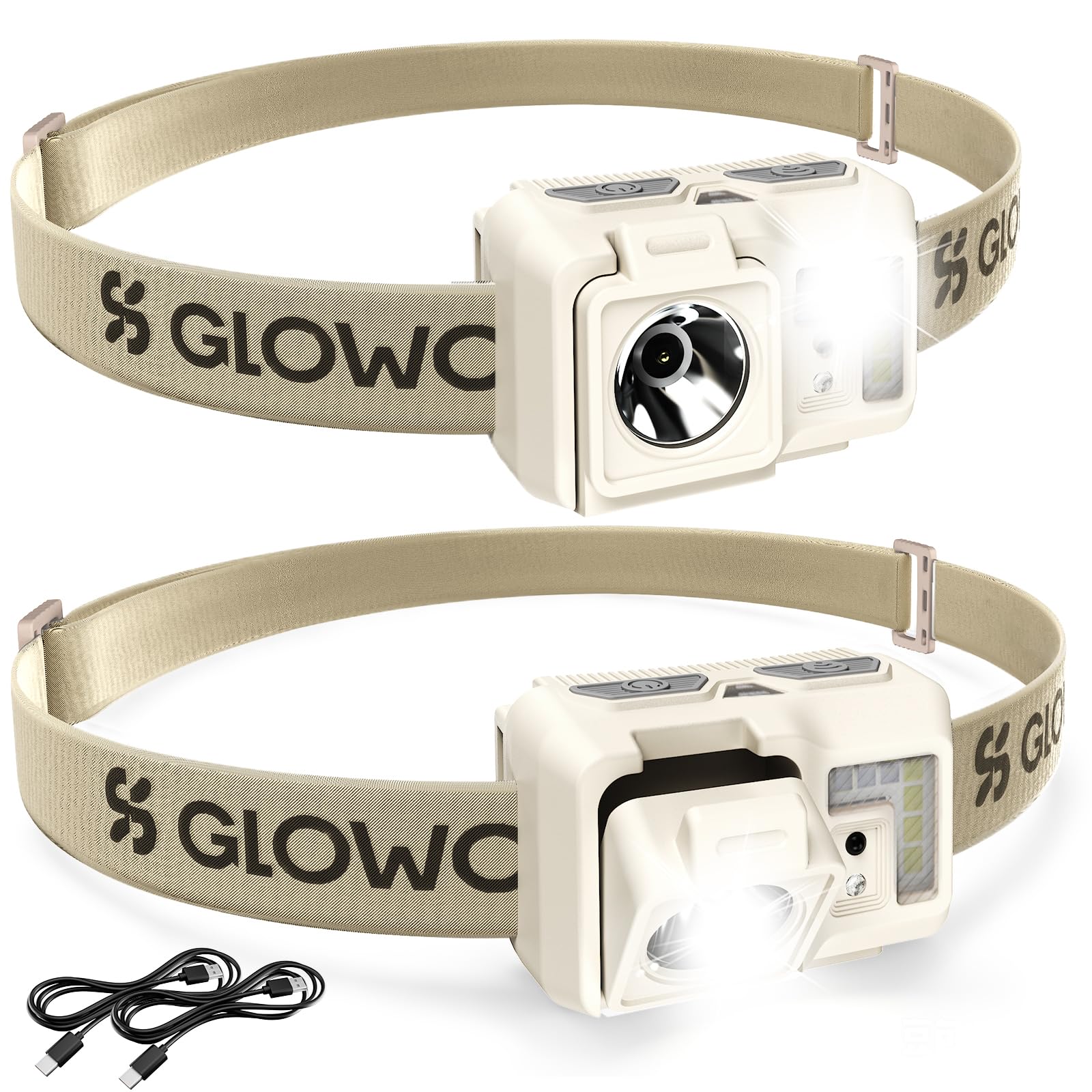 GloworPath front view showing compact rechargeable headlamp and beam benefit