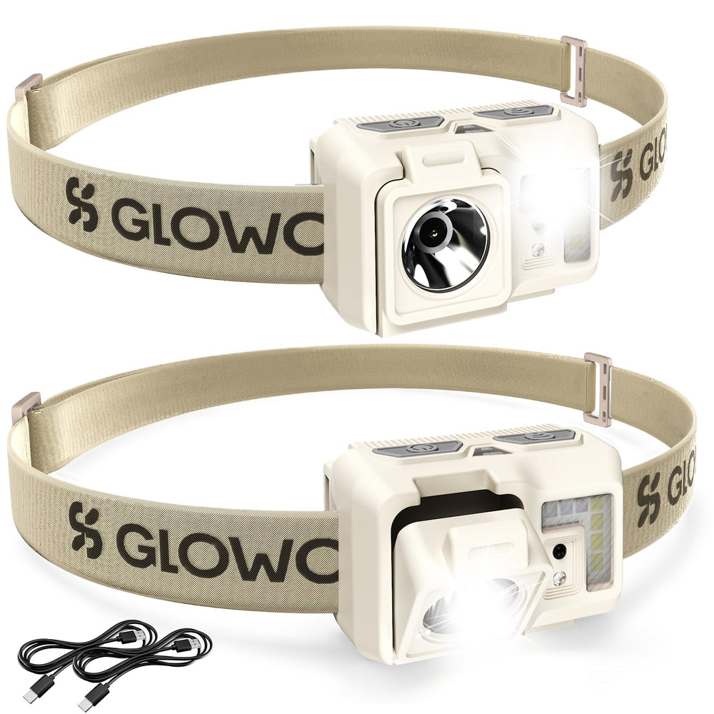 GloworPath front view showing compact rechargeable headlamp and beam benefit